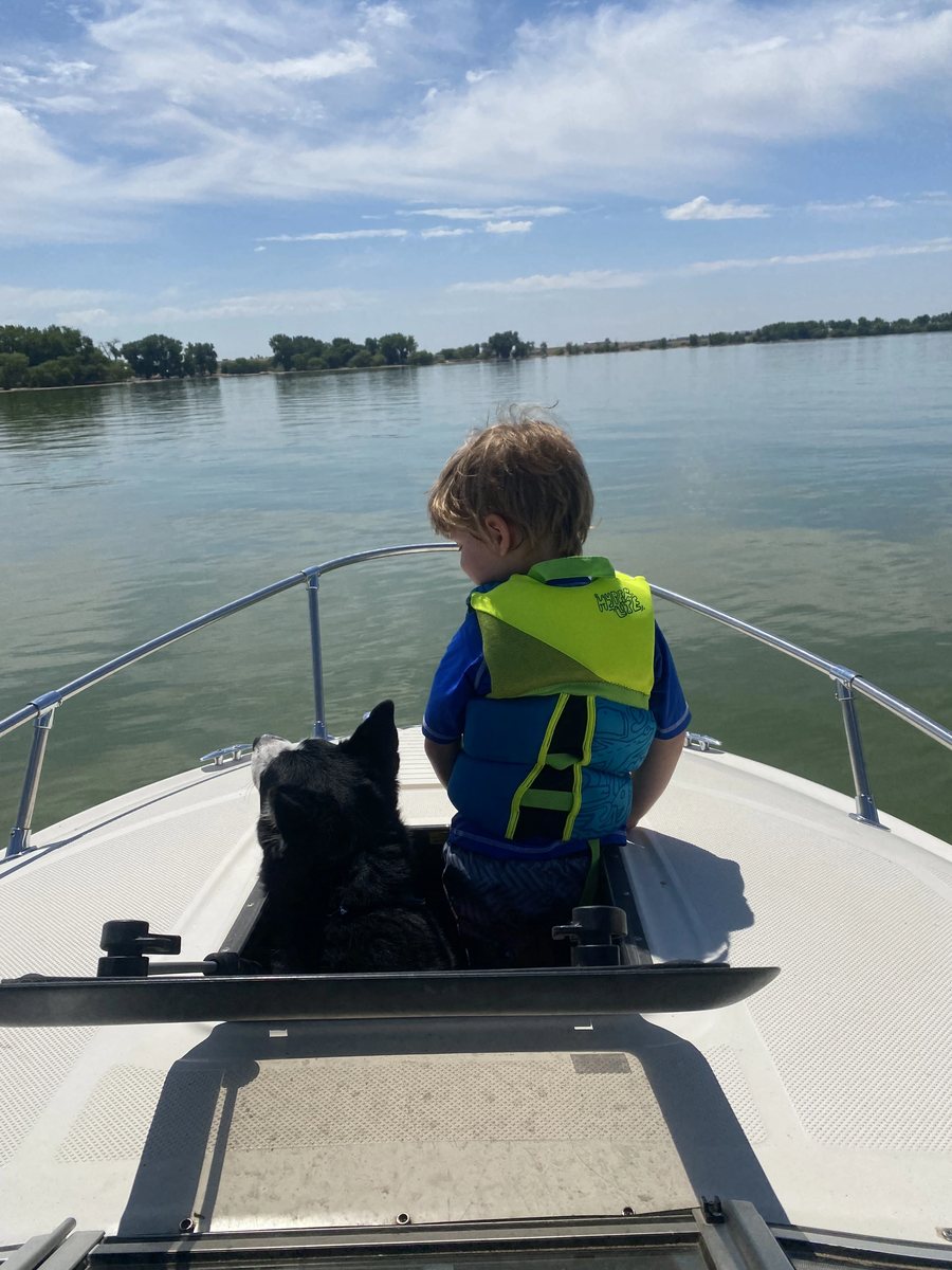 A small boy in a life jacket and a Siberian Husky looking out from the bow of a boat
