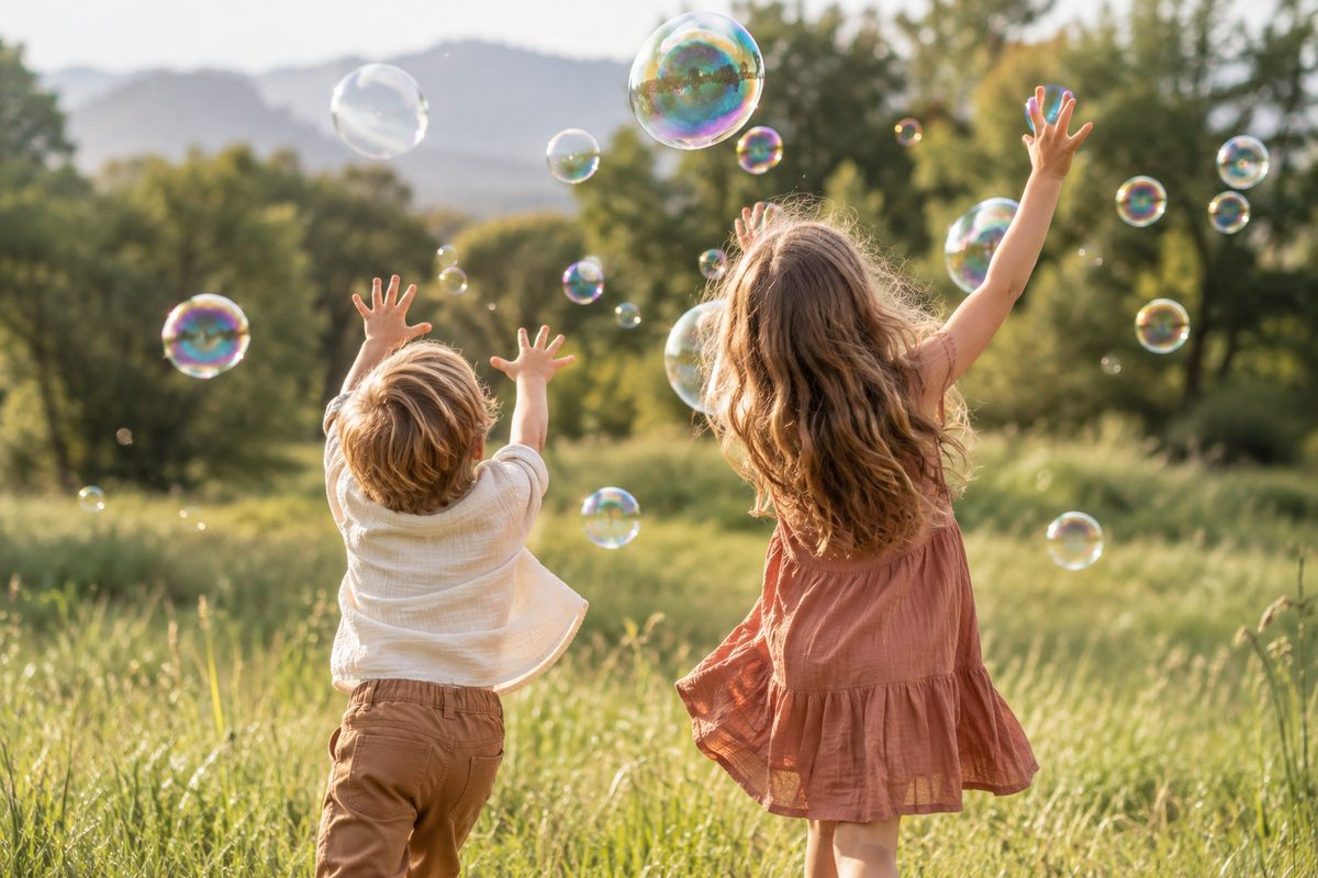 Two children in a sunlit meadow reaching up to catch soap bubbles, with foothills behind them